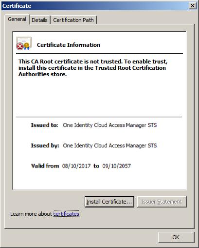To allow the certificate to be trusted: a. Click Install Certificate b. In the wizard click Next, then select Place all certificates in the following store. c. Click Browse and select Trusted Root Certification Authorities, click OK, then Next and Finish.