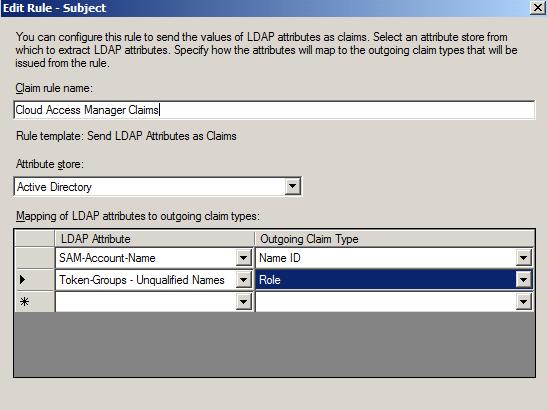 26. Select an LDAP Attribute of SAM-Account-Name and an Outgoing Claim Type of Name ID for the first claim mapping. This claim is required to identify the user to Cloud Access Manager. 27.