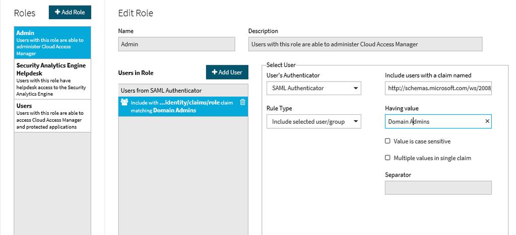 for regular Cloud Access Manager users. 33. Click Admin. NOTE: By default, Cloud Access Manager will look for claims of the type role.