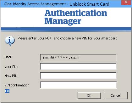 2. Enter you PUK in the Your PUK field. 3. Enter your new PIN in the New PIN and PIN confirmation fields. 4. Click OK. Your smart card is now unblocked.