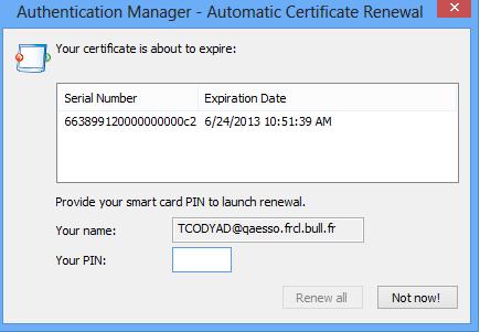 2. Enter your PIN and click Renew all. Your certificate(s) has(have) been renewed and added to your smart card.