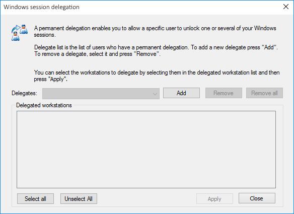 1. Right-click the Authentication Manager icon in the notification area and select Manage Session Delegation. 2. Reauthenticate yourself. The Windows session delegation window appears. 3.
