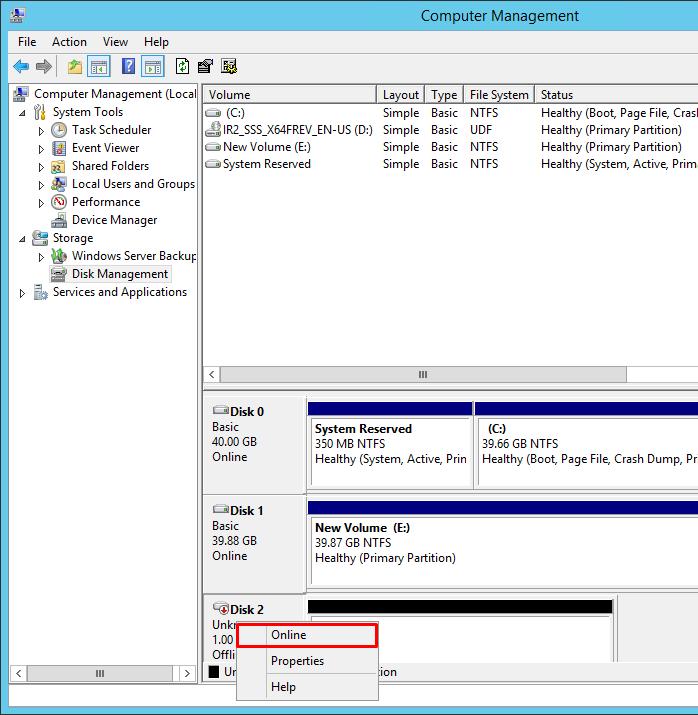 12. Right-click the disk that needs to be configured and select Online.