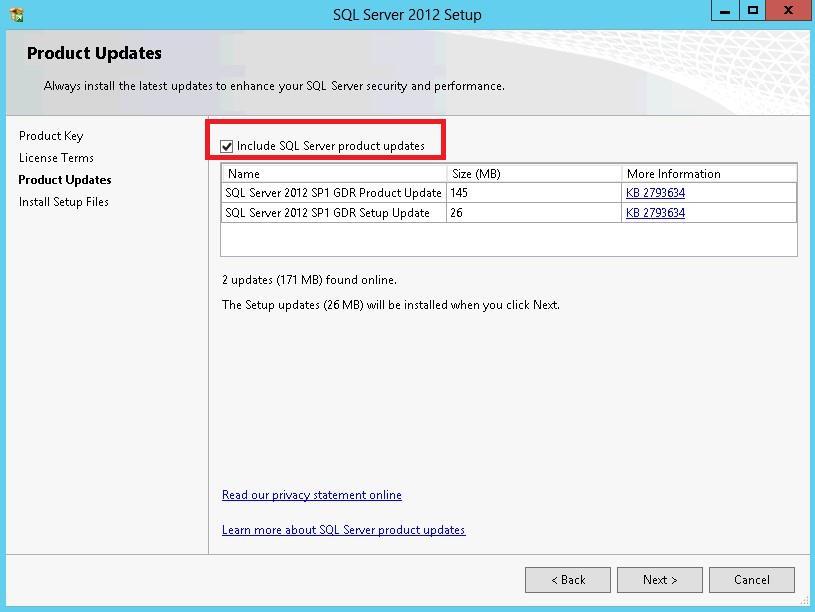 If servers are connected to the Internet, the installation media will connect to Windows Update and check for available SQL Server 2012 updates.