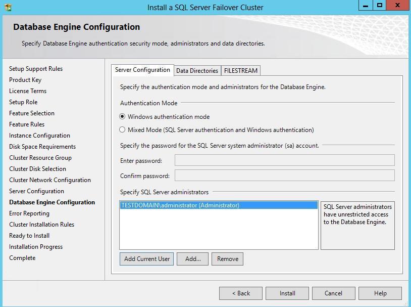 55. In the Database Engine Configuration dialog box, select the Windows authentication mode in the Server Configuration tab.