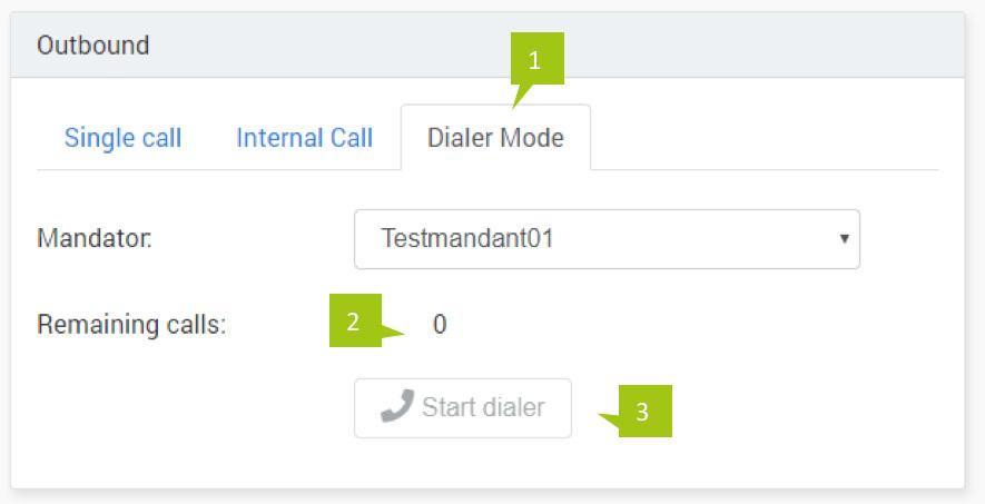 Internal calls You can also call teammates via the ACD: Figure: Outbound window Internal Call 9.4. Using the dialer If a dialer is available, select it by clicking on the Dialer Mode tab.