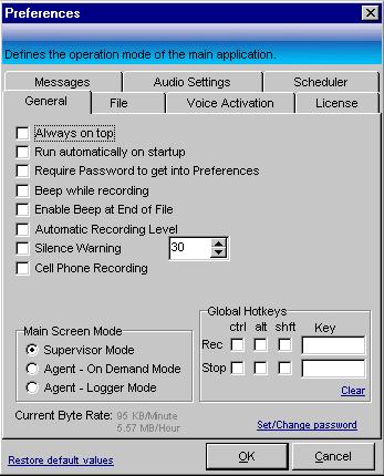 "Preferences" are divided into the following sections: General File Voice Activation License Messages Audio Settings Scheduler General Preferences
