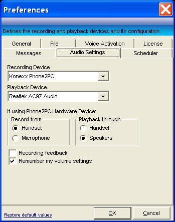 Audio Settings Preferences Allows you to choose which recording/playback device you will use with Phone 2 PC and if using the Phone 2 PC hardware device, what channels you will use.