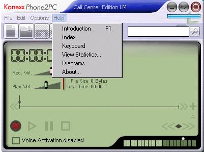 Help drop down menu Konexx USB Phone 2 PC Introduction Clicking on this item (or pressing the F1 key) will open the Phone 2 PC Help file Introduction page, which describes the contents of the Help
