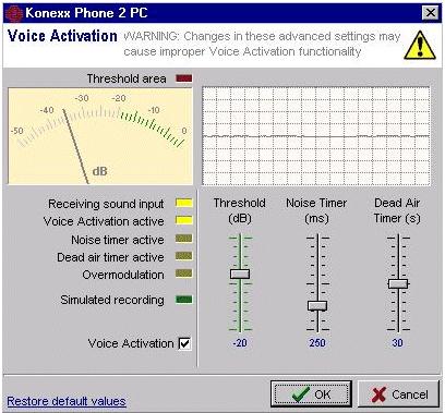 Advanced tuning provides detailed controls for adjusting voice activation parameters. Note the db meter in the upper left corner of this window.