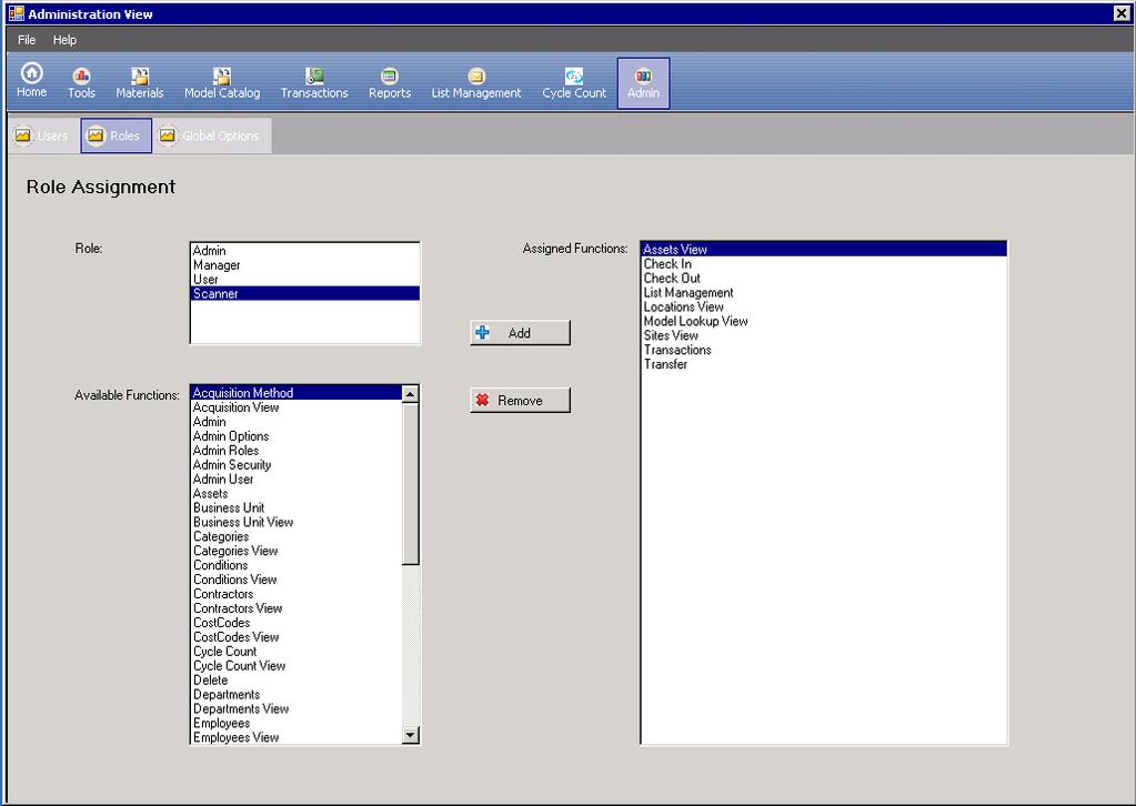 Administration The Administrative functions set up User Names and Logins and allows Roles and Site Permissions to be assigned. Select the Admin button on the Asset Management toolbar.