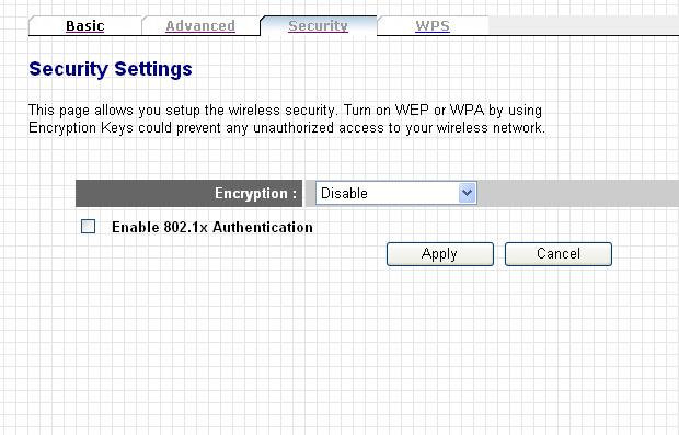 3-5-3 Security Settings In this menu, you can setup wireless security for wireless connections.