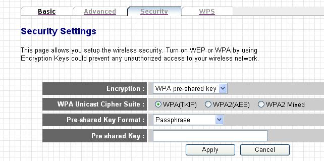3-5-3-3 Encryption: WPA pre-shared key Enable WPA pre-shared key encryption.