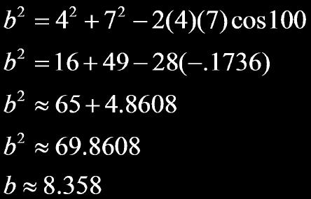 Find B: 9 2 = 15 2 + 8 2-2(15)(8)cos B 81 = 225 + 64-240cos B 81 = 289-240cos B -208 = -240cos B cos -1 (-208 ) = m B -240 m B # 29.