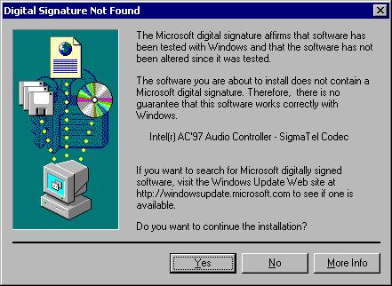 5. A window appears indicating that the software to be installed does not contain a Microsoft digital signature.