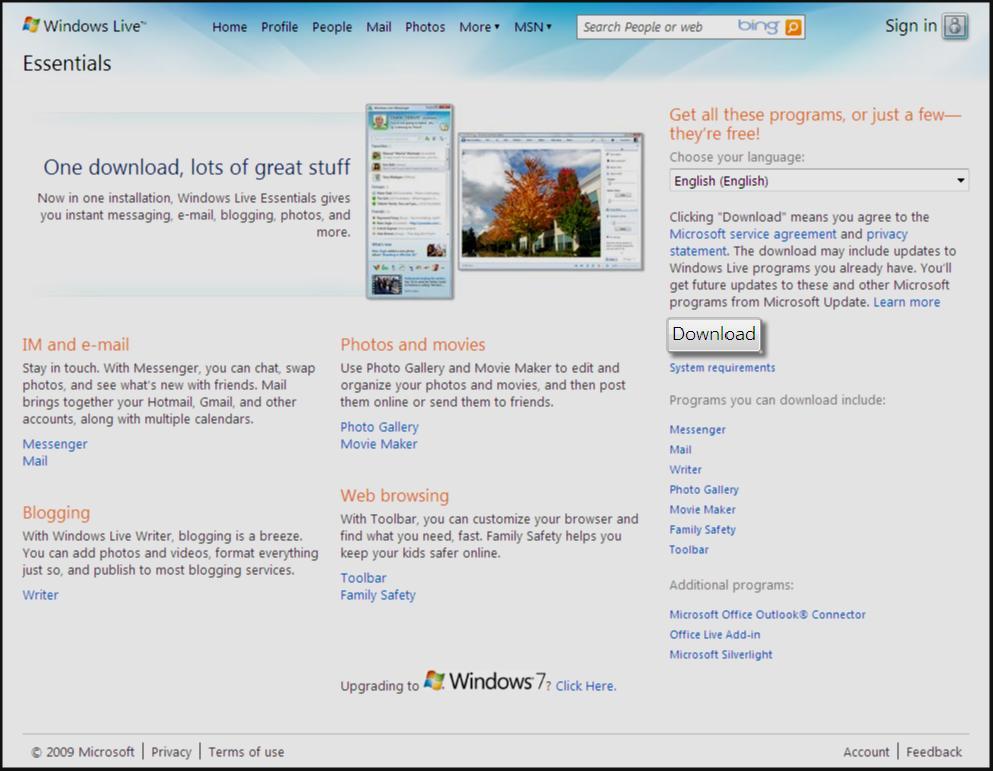 Once the Windows Live Essentials home page loads, click the Download button on the right to begin Windows Live Essentials setup. 3. The Download Instructions page appears.