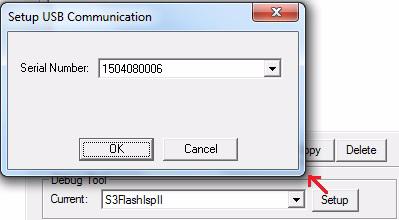 9 Figure 9. The Setup USB Communication Dialog Note: The serial number you see on your screen will be different from the serial number shown in Figure 9. 9. After selecting the serial number of the S3 Flash ISP II that you are using, select Setup from the Target field to select the Target Voltage.