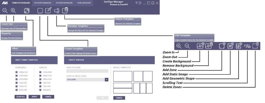 TEMPLATE MANAGER View, Select, Create, Edit, Delete, Rename Digital Signage Templates Figure 7-1 Create Template Making a template is easy with SaviSign Manager: add click-and-drag media drop zones,