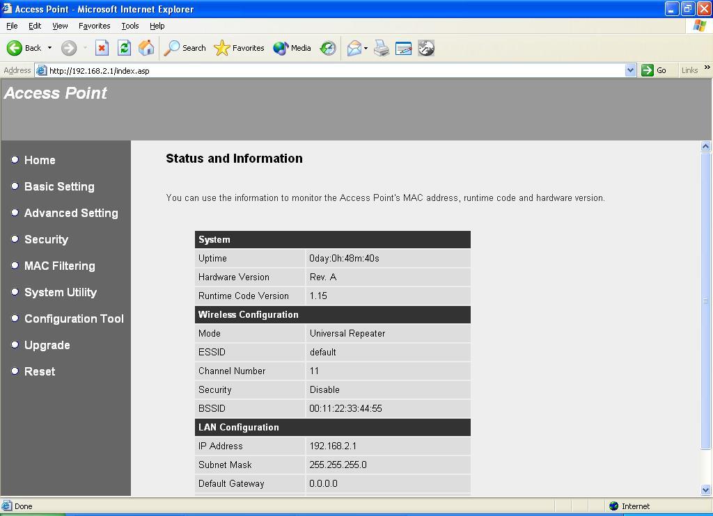 3.2.1 Status and Information On this screen, you can see the general information of the Access Point