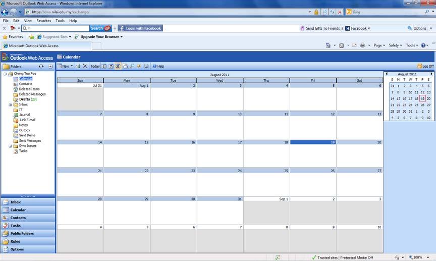 OWA Calendar Viewing Your Schedule Click the Calendar icon and your calendar appears like below.