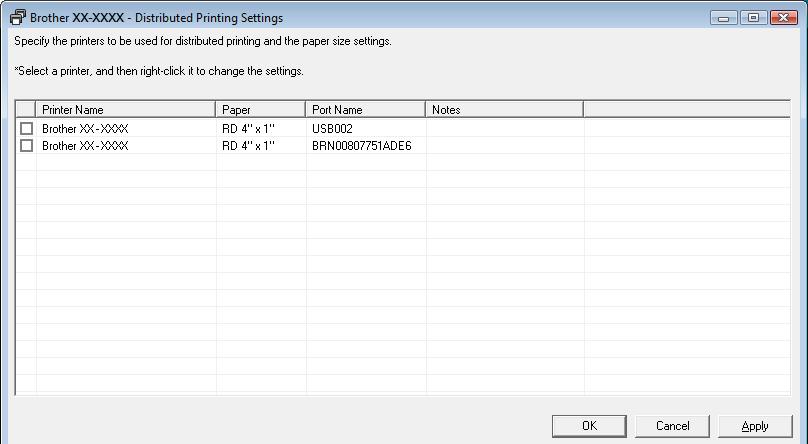Printing labels distributed to multiple printers d In the [Distributed Printing Settings] dialog box, select the printers to be used for distributed printing.