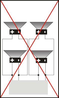 The unit is using a BTL circuit and each loudspeaker must be connected with insulated cables according the diagram.