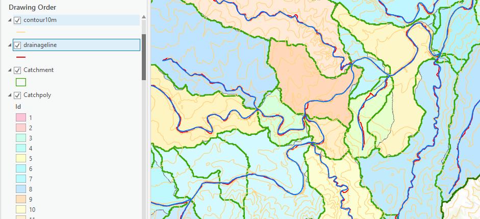 In the illustration below some differences between NHD catchments (green borders) and DEM derived catchment polygons can be seen, as well as differences between the