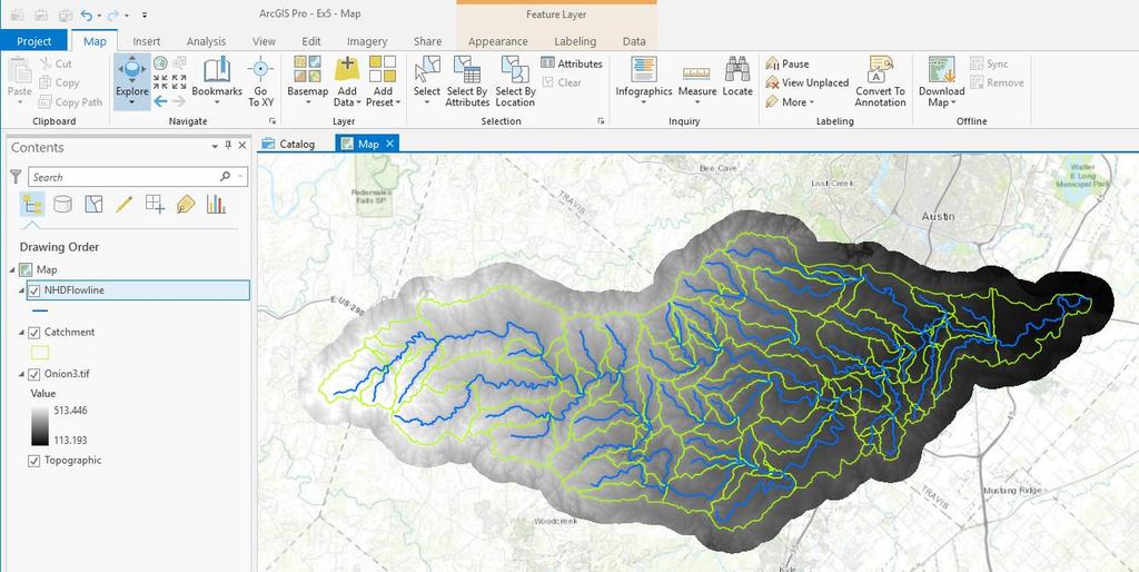 Computation of Height above the Nearest Drainage Raster 1. Preparing the inputs Unzip the zip file and add the DEM and NHDFlowlines and Catchments to a Map in ArcGIS Pro.