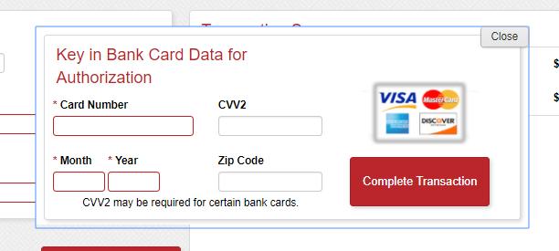 Manually Entered Card Once Manually Enter Card Data is selected enter the card number, expiration date, CVV code, and the zip code.