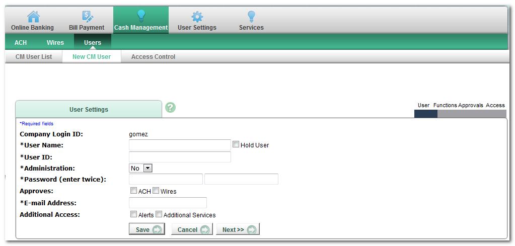 Cash Management Activities User sub-options are located under the Cash Management tab. Beneath each of these options, third-level navigation exists. Your user profile determines available options.