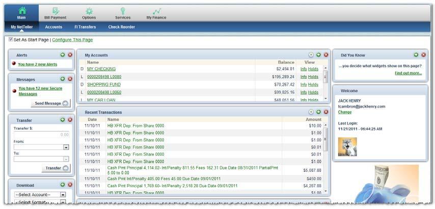 My NetTeller Account Summary provides a customizable dashboard view of various NetTeller options.