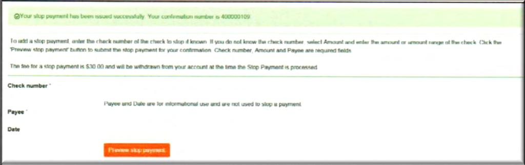 payment, or to modify, click Edit. A stop payment confirmation message appears.