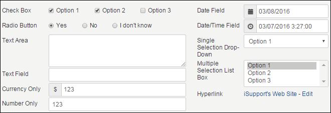 A Check Box field enables multiple selections; use the Max Columns field to enter the number of check boxes to appear before a scroll bar is used.