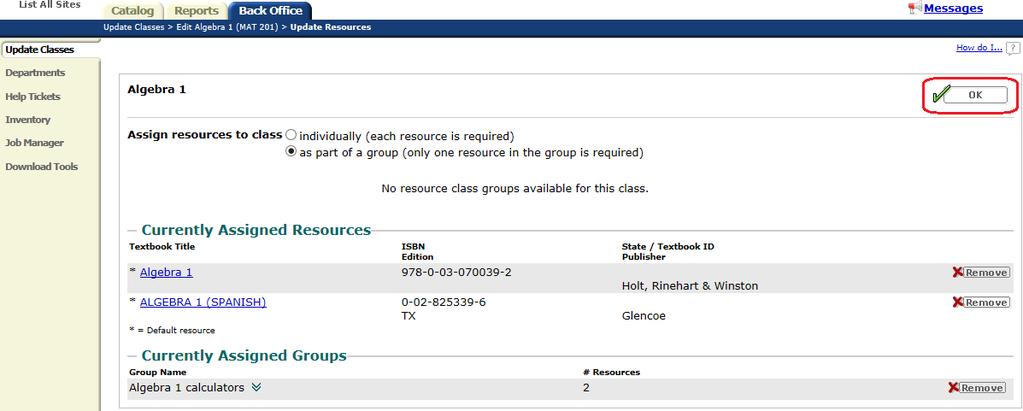 Only the district resource manager can create groups, and for classes only, not sections. A patron's View Classes page shows which resources belong to groups.