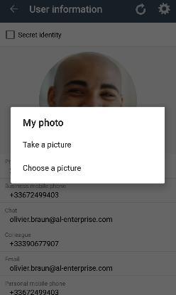 I.2.3 Change your photo / avatar 1- Open your OpenTouch profile (sliding menu). 2- Display your user information. 3- Tap on your current photo/avatar to change it. 4- Select your new picture. I.2.4 Settings Settings depend on your system.