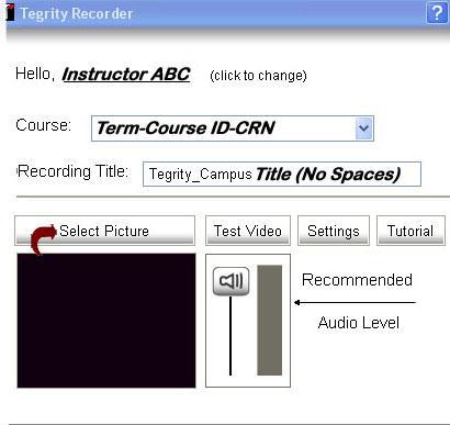Tegrity Start Dialog Options: Select the Term/Course ID/CRN to from the pull down menu and enter a Recording Title.