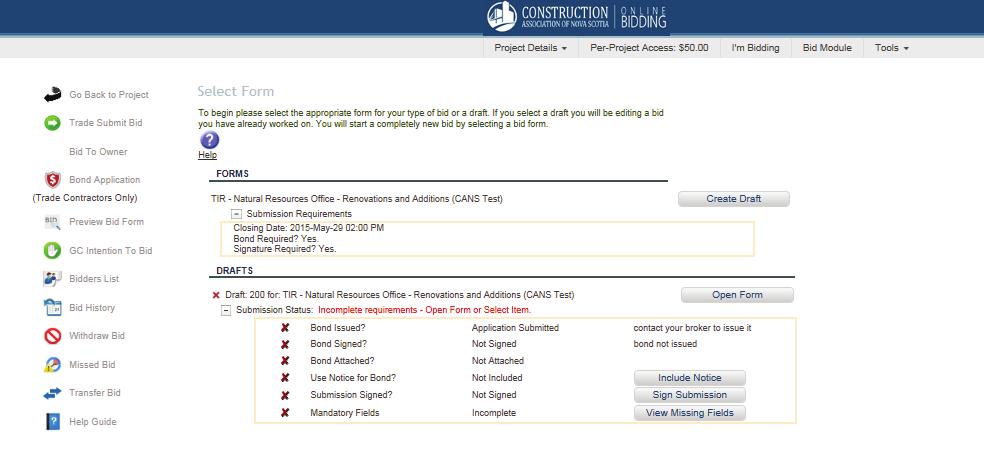 SUBMISSION REQUIREMENTS & SUBMISSION STATUS CHECKLIST Under the FORMS section, there is a menu that displays submission requirements for the project.