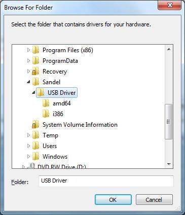 7. Browse for driver software on your computer will be shown. Click on Browse. 8. Select the Sandel USB Driver folder.