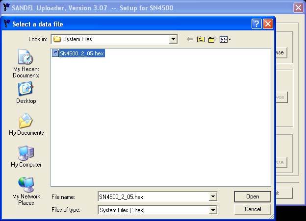 Click on Browse and locate the file SN4500_2_05.hex. Highlight the file and click on Open.
