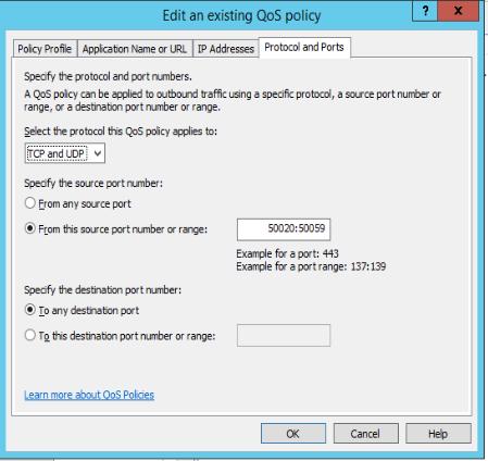 i. Follow step e to h and create new policy object as Lync2013-Signaling, Lync2013-AppShare, Lync2013-File Transfer and Lync2013-Video with above ports ranges and DSCP values. j.
