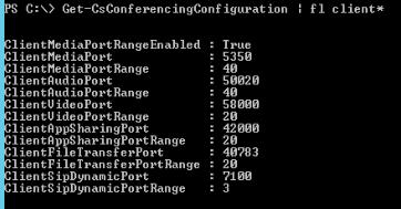 To make changes in client port ranges: Set-CsConferencingConfiguration -ClientMediaPortRangeEnabled $True - ClientAudioPort "50020" -ClientAudioPortRange "40" -ClientVideoPort "58000" -