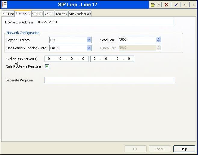 Select the Transport tab. Set ITSP Proxy Address to the IP address of the LAN port 1 interface of the premise EdgeMarc router. Set the Layer 4 Protocol to UDP.