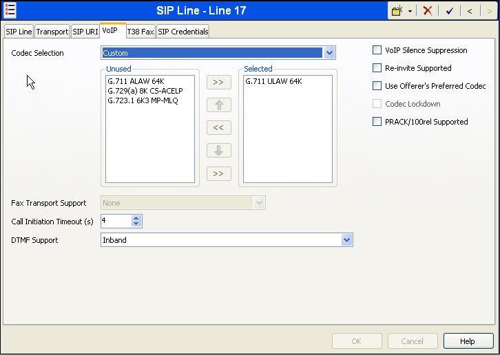 Select the VoIP tab, to set the Voice over Internet Protocol parameters of the SIP line. Set the parameters as shown below. Set the Codec Selection to Custom. Choose G.