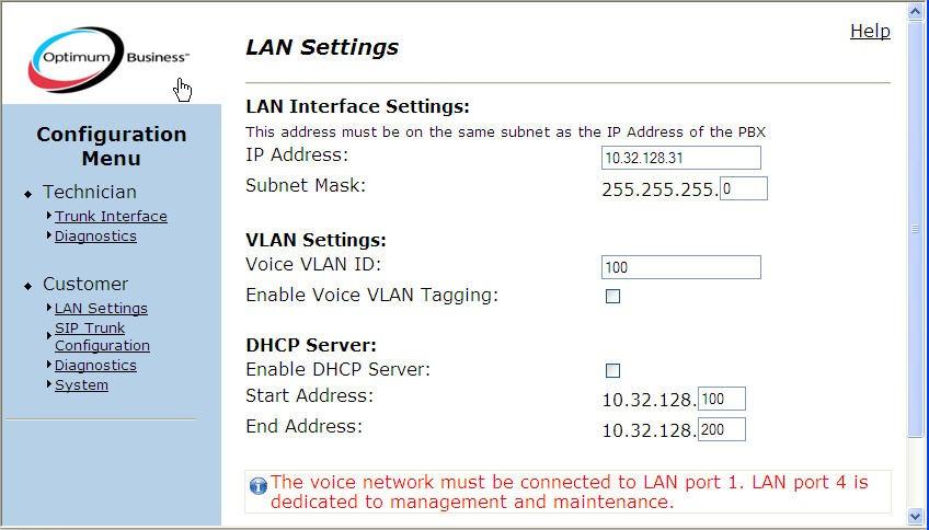 The LAN Settings screen will appear as shown below. Enter the following: IP Address: Enter the IP address assigned to LAN port 1 which will be used for SIP and RTP traffic.