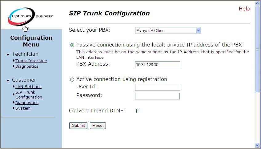 Select the SIP Trunk Configuration link from the navigation menu in the left pane. In the right pane, select Avaya IP Office from the pull-down menu for the Select your PBX field.