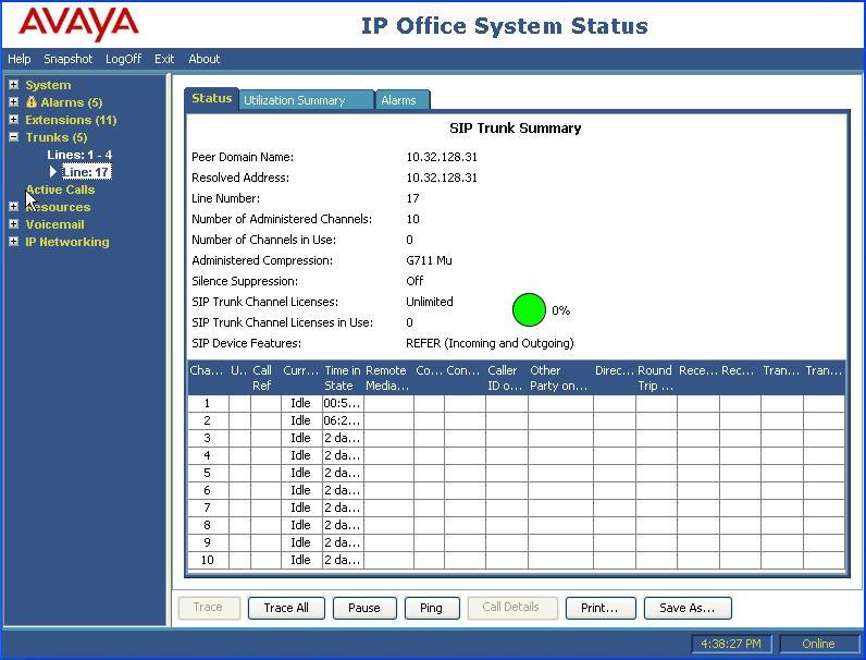 7. Verification Steps The following steps may be used to verify the configuration: Use the Avaya IP Office System Status application to verify the state of the SIP connection.
