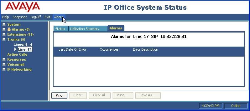 Select the Alarms tab and verify that no alarms are reported on the SIP line. Verify that a phone connected to Avaya IP Office can successfully place a call to the PSTN with two-way audio.