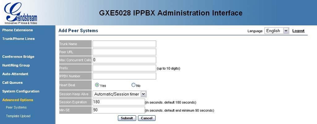9. Advanced Options Configuration Remote GXE502X systems or other PBX systems can be peered with a local GXE502X.