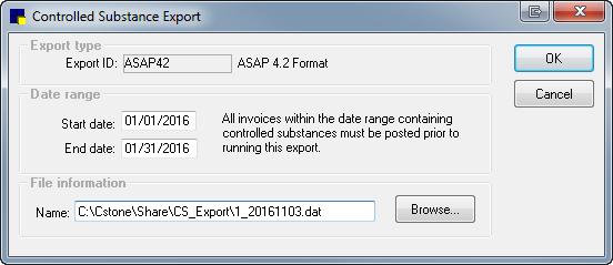 Create the export file 1. Go to Controls > Controlled Substance > Controlled Substance Export. The Controlled Substance Export List dialog box opens. 2.