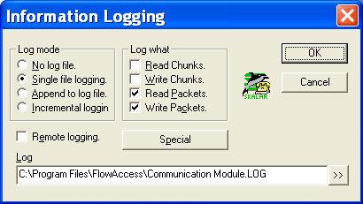 Select Single file logging for the Log mode. 5. Check the options Read Packets and Write Packets and click OK. The dialog box is closed. 6. Close the Communication Module program.